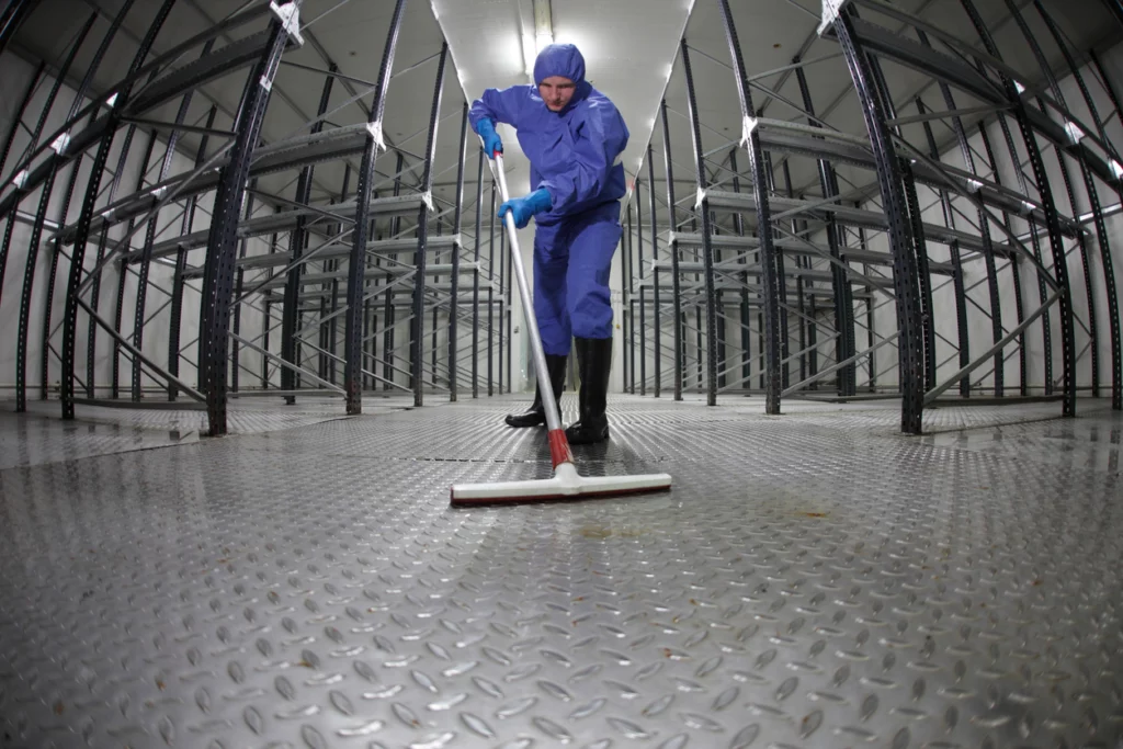 worker in protective uniform cleaning floor in empty warehouse facility