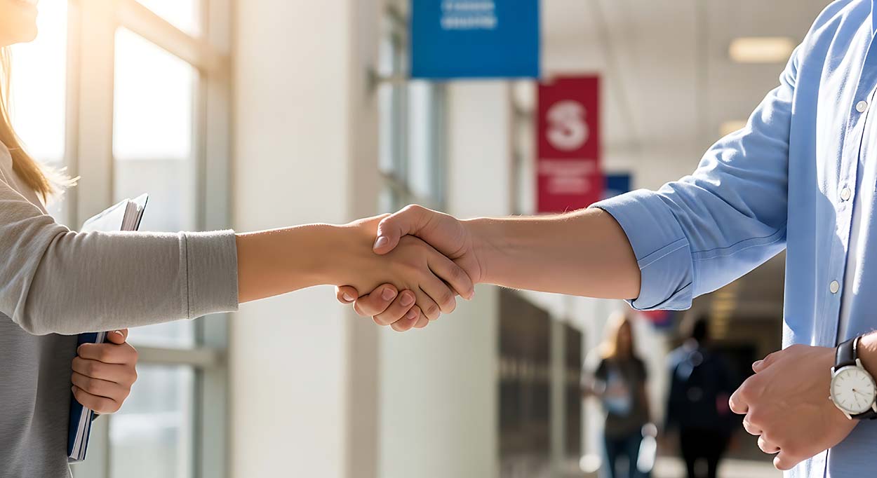 Two professionals shaking hands in an office hallway while one holds a folder, representing a compliant contractor transition under California's DJOA