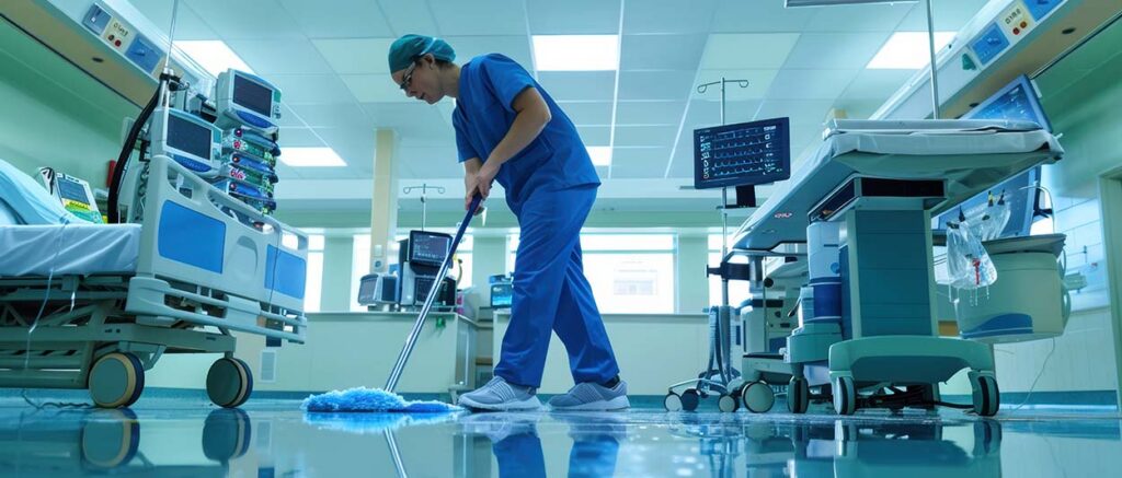 Janitorial worker cleaning a hospital ICU room, covered under California's SB 525 minimum wage law