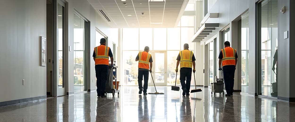 Team of four janitorial workers in PSWPA-compliant organization