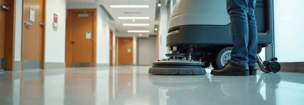 Janitorial worker operating an automatic floor scrubber down a bright office corridor
